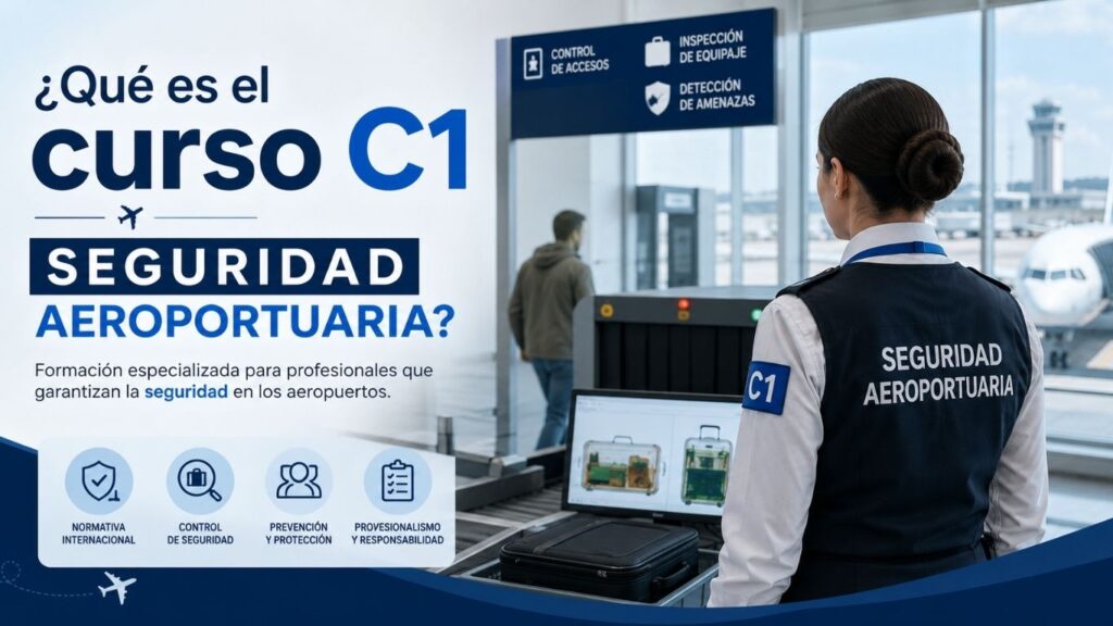 Vigilante de seguridad realizando controles en un aeropuerto, personal cualificado con el curso C1