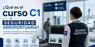 ¿Qué es el curso c1 en seguridad aeroportuaria? Vigilante de seguridad realizando controles en un aeropuerto, personal cualificado con el curso C1