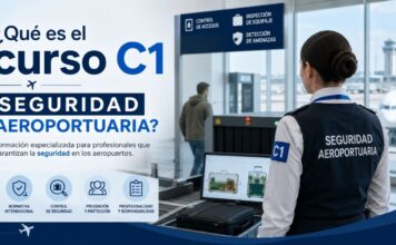Vigilante de seguridad realizando controles en un aeropuerto, personal cualificado con el curso C1