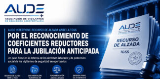 Aude interpone recurso de alzada ante la tgss para reclamar coeficientes reductores en la jubilación de los vigilantes de seguridad aeroportuaria AUDE presenta recurso de alzada ante la TGSS para reclamar coeficientes reductores y la jubilación anticipada de los vigilantes de seguridad aeroportuaria.