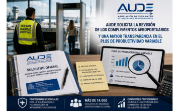 AUDE registra una solicitud oficial para revisar los complementos aeroportuarios y clarificar el Plus de Productividad Variable de los vigilantes de seguridad aeroportuaria. complementos aeroportuarios