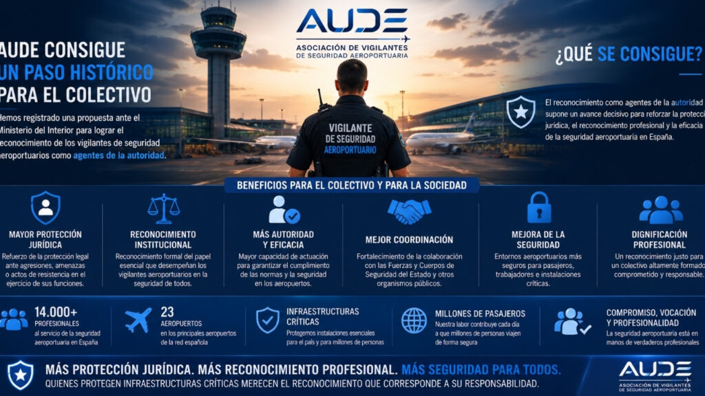 AUDE impulsa el reconocimiento de los vigilantes de seguridad aeroportuarios como agentes de la autoridad para reforzar la protección de infraestructuras críticas y aeropuertos españoles.
